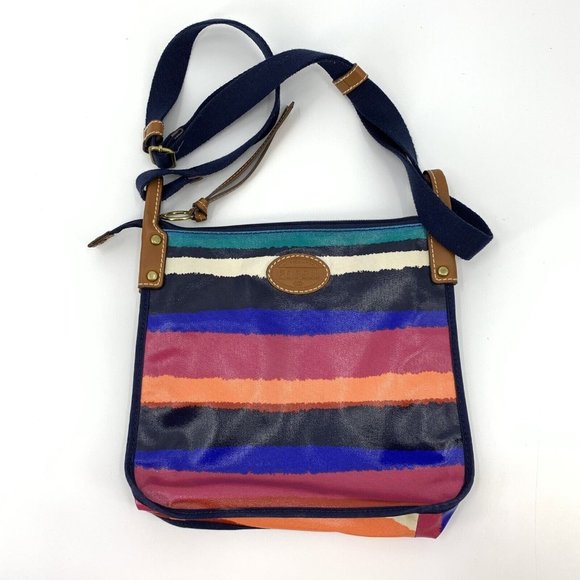 Fossil Handbags - Fossil Coated Canvas Crossbody Purse Bag Bright Stripes Pink Blue Zip Top